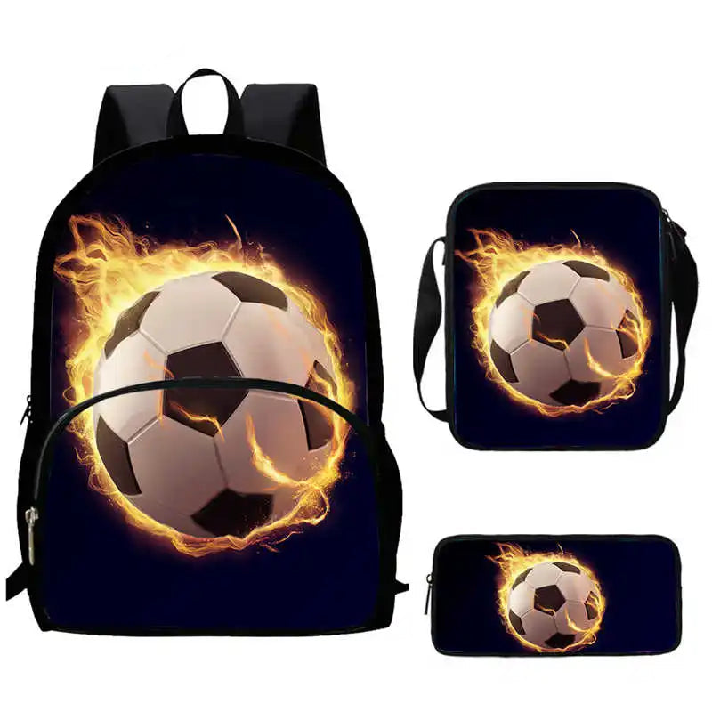 Sac à Dos d'École avec Imprimé 3D de Football pour Garçon et Fille, Ensemble de 3 Pièces avec Sacs Initiés, Trousse à Crayons, OM