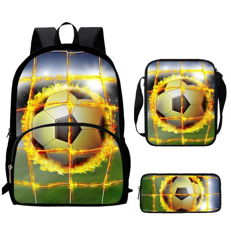Sac à Dos d'École avec Imprimé 3D de Football pour Garçon et Fille, Ensemble de 3 Pièces avec Sacs Initiés, Trousse à Crayons, ligue 1