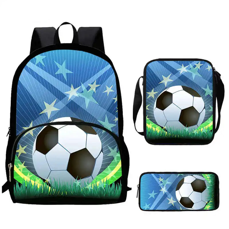 Sac à Dos d'École avec Imprimé 3D de Football pour Garçon et Fille, Ensemble de 3 Pièces avec Sacs Initiés, Trousse à Crayons