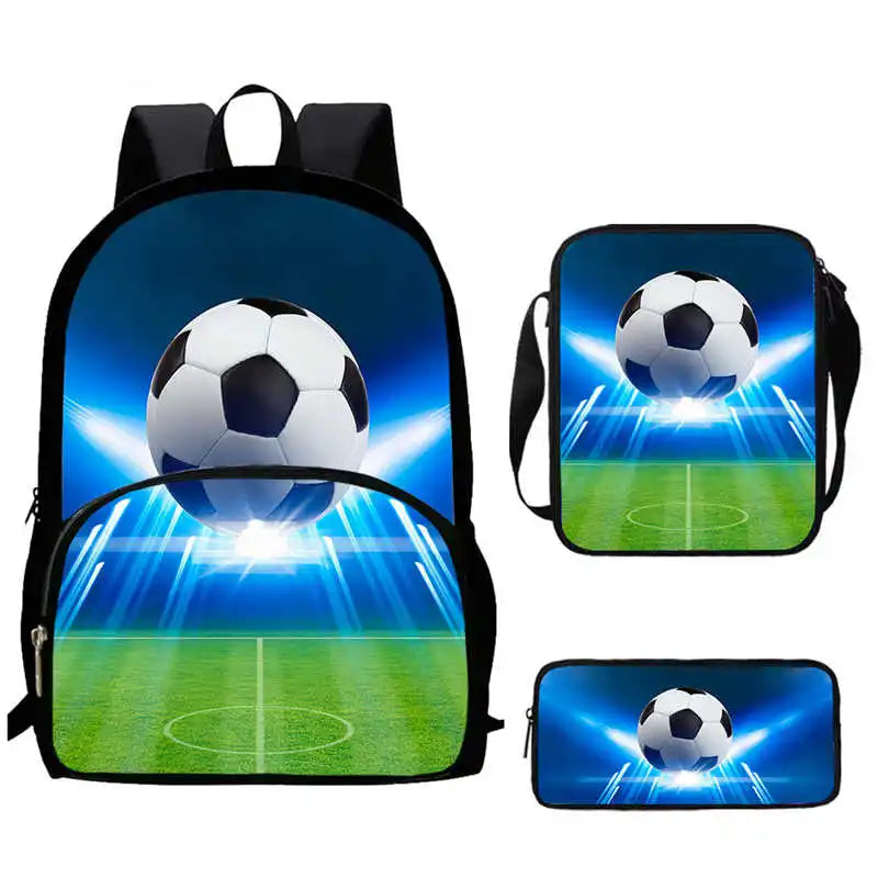 Sac à Dos d'École avec Imprimé 3D de Football pour Garçon et Fille, Ensemble de 3 Pièces avec Sacs Initiés, Trousse à Crayons