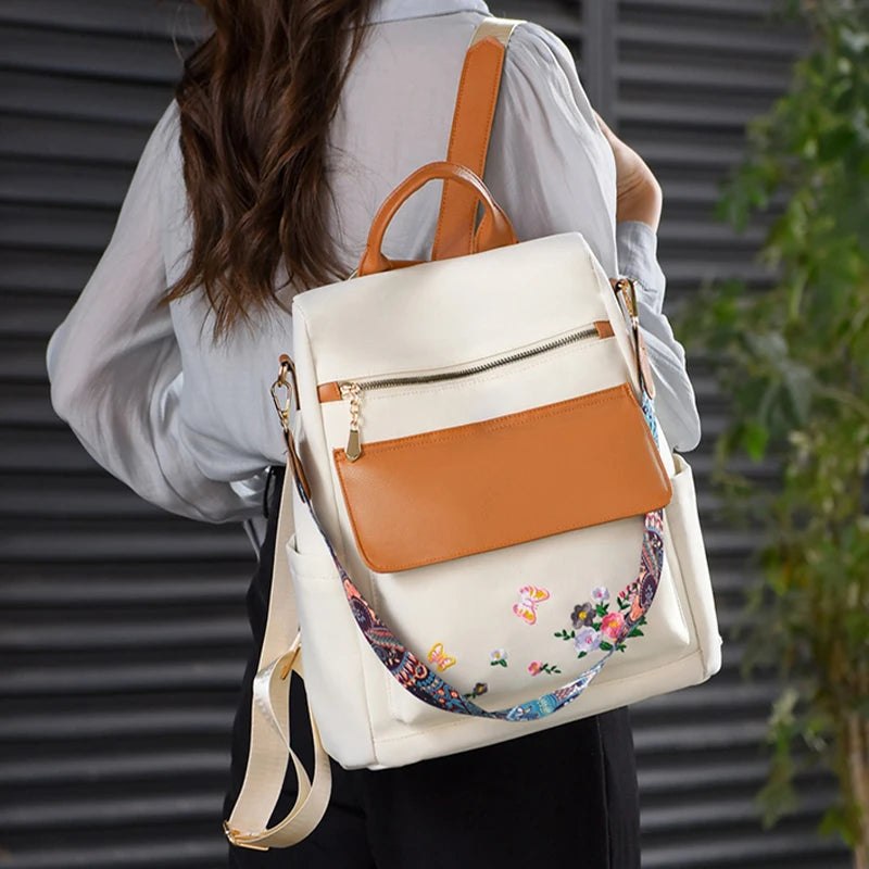 Sac à dos design brodé antivol pour femme, grande capacité, Oxford PU Patchwork, cartable 3 en 1, sac à dos initié par une femme