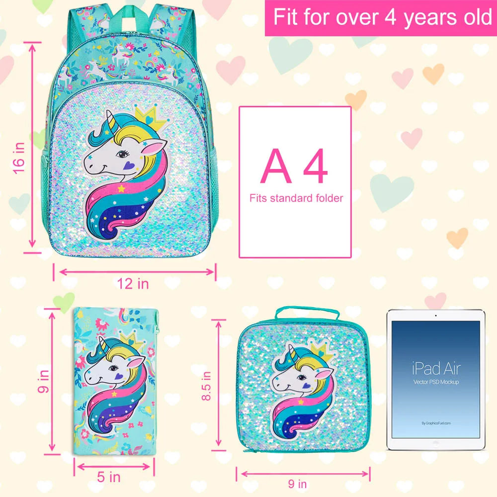 Sac à dos licorne pour enfants avec boîte à lunch, primaire, maternelle
