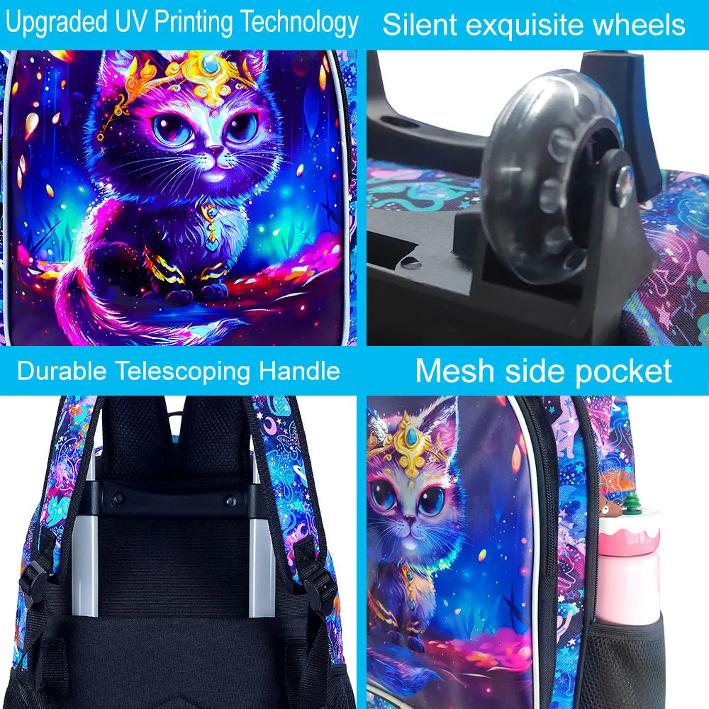 Sac à dos à roulettes pour filles, cartable à roulettes pour enfants, sac d'école primaire à roulettes avec sac à lunch, chat en diamant, 3 pièces, roulettes