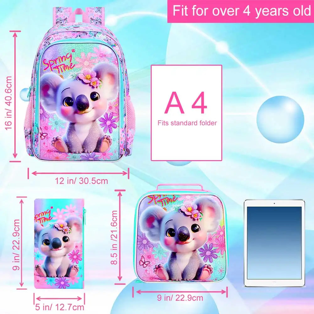 Sac à dos Koala mignon pour enfants du primaire, sacs à livres scolaires préscolaires, boîte à lunch, 3 pièces, 16 pouces, taille
