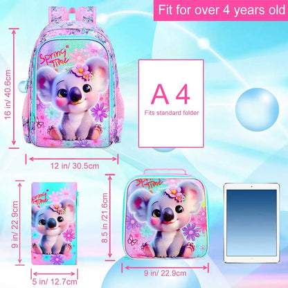 Sac à dos Koala mignon pour enfants du primaire, sacs à livres scolaires préscolaires, boîte à lunch, 3 pièces, 16 pouces, taille
