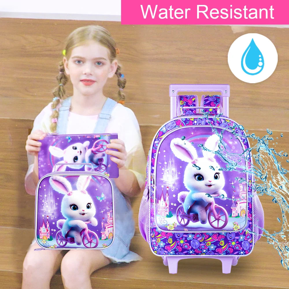 Sac à dos à roulettes pour filles, cartable à roulettes pour enfants, sac d'école primaire à roulettes avec sac à lunch, lapin, 3 pièces