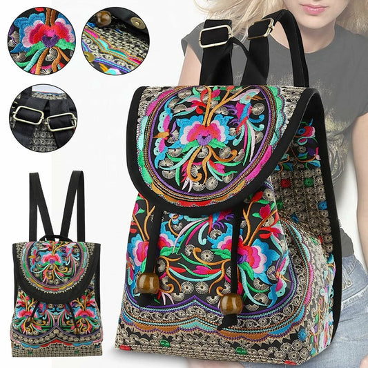 Sac à dos brodé floral pour femme, cartable en toile à imprimé ethnique, sac de voyage parfait pour les excursions d'une journée