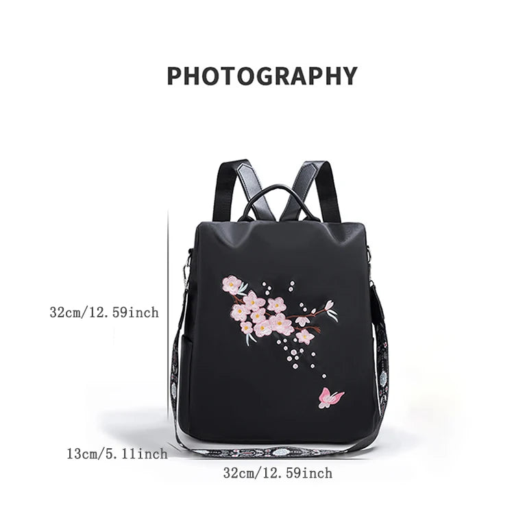 Sac à dos de voyage de loisirs antivol à la mode, tissu Oxford avec broderie de fleurs, sac à dos léger et esthétique pour femmes, taille