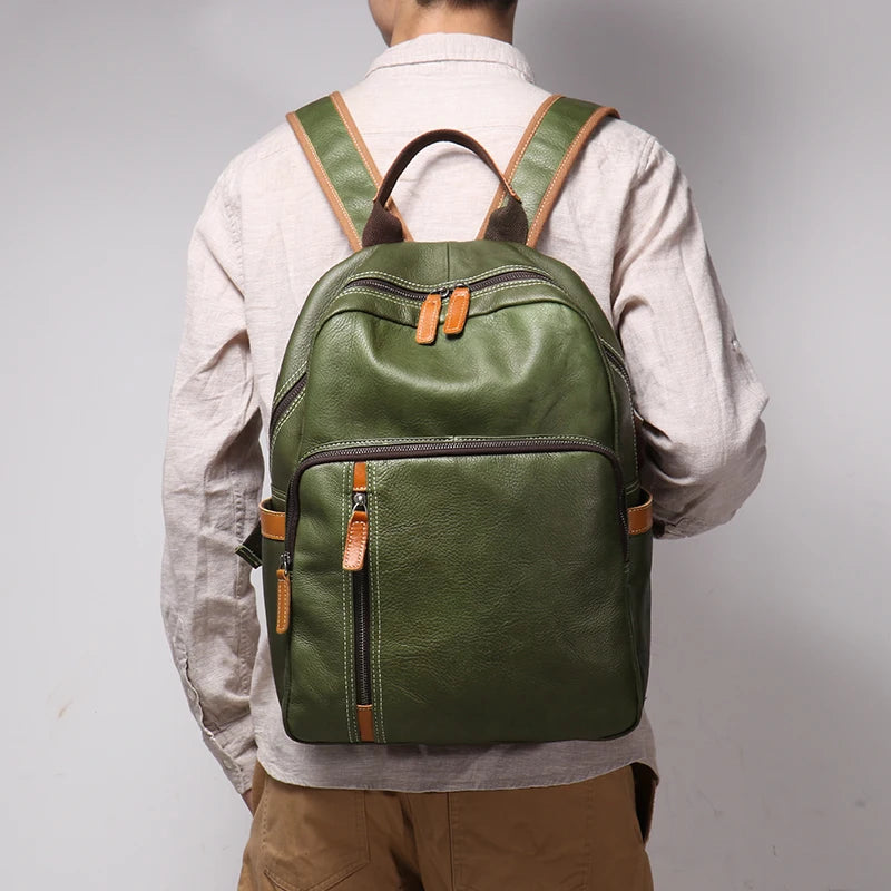 Sac à dos de voyage en cuir véritable pour hommes, vert