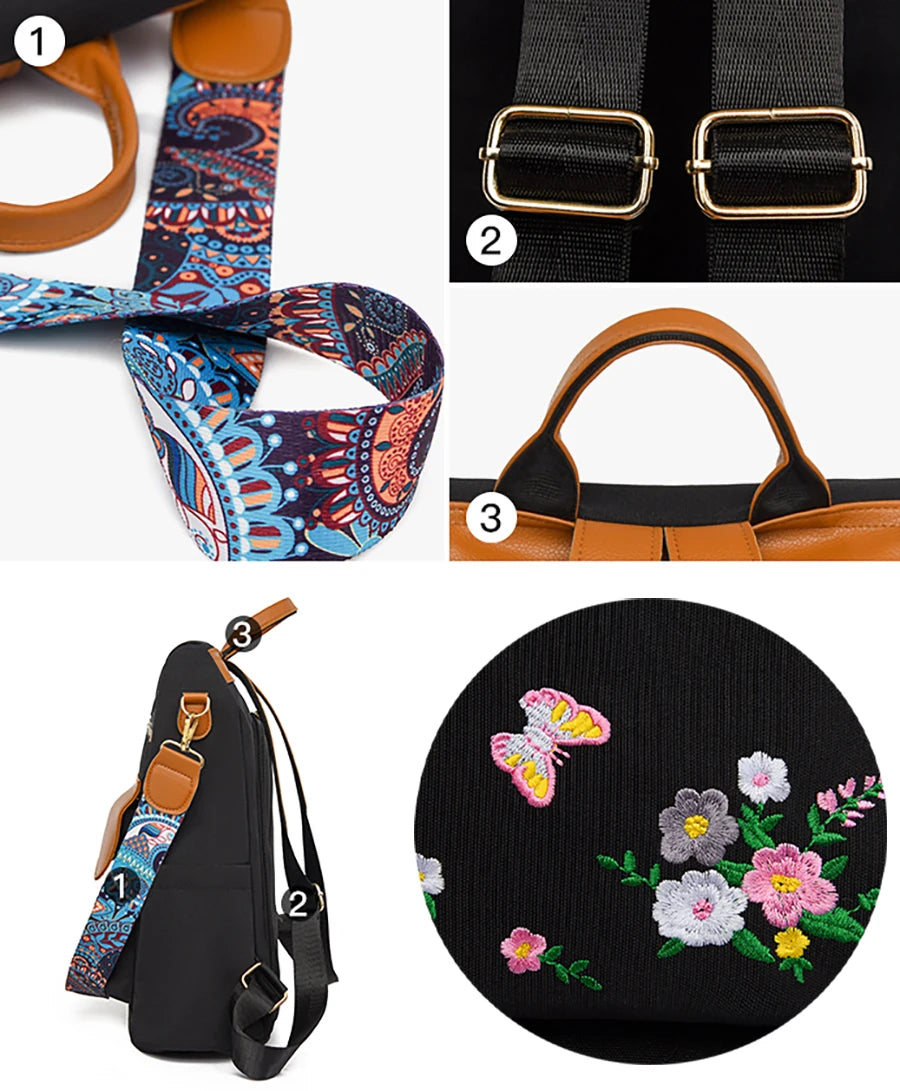 Sac à dos design brodé antivol pour femme, grande capacité, Oxford PU Patchwork, cartable 3 en 1, sac à dos initié par une femme