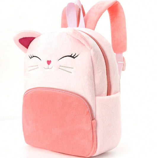 Sac à dos en peluche rose pour enfants, chaton brodé, dessin animé mignon, grande capacité, filles et enfants, classique