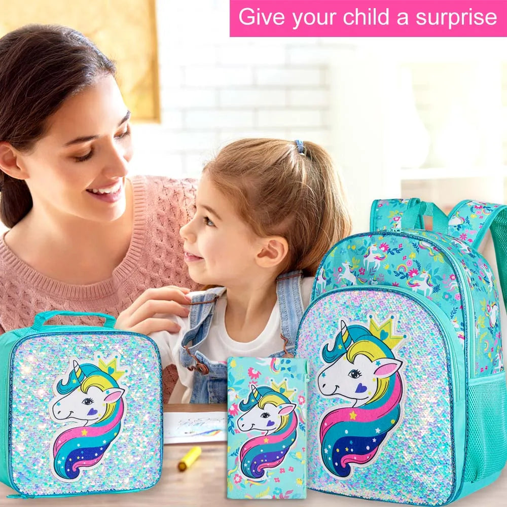 Sac à dos licorne pour enfants avec boîte à lunch, primaire, maternelle