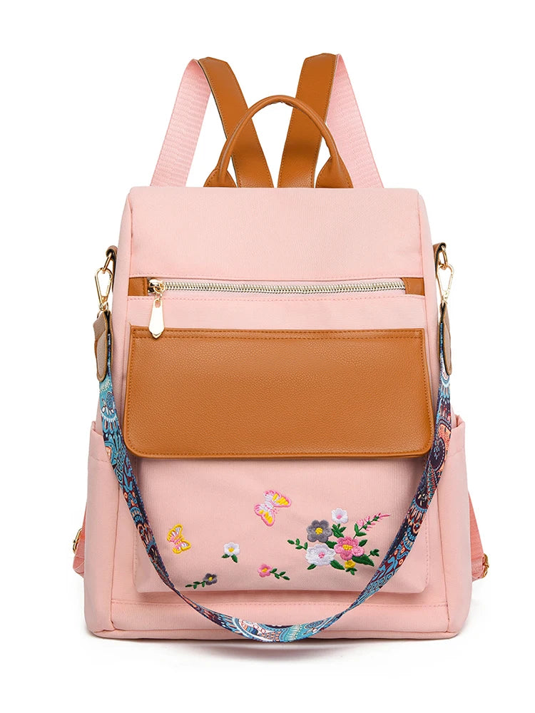 Sac à dos design brodé antivol pour femme, grande capacité, Oxford PU Patchwork, cartable 3 en 1, sac à dos initié par une femme