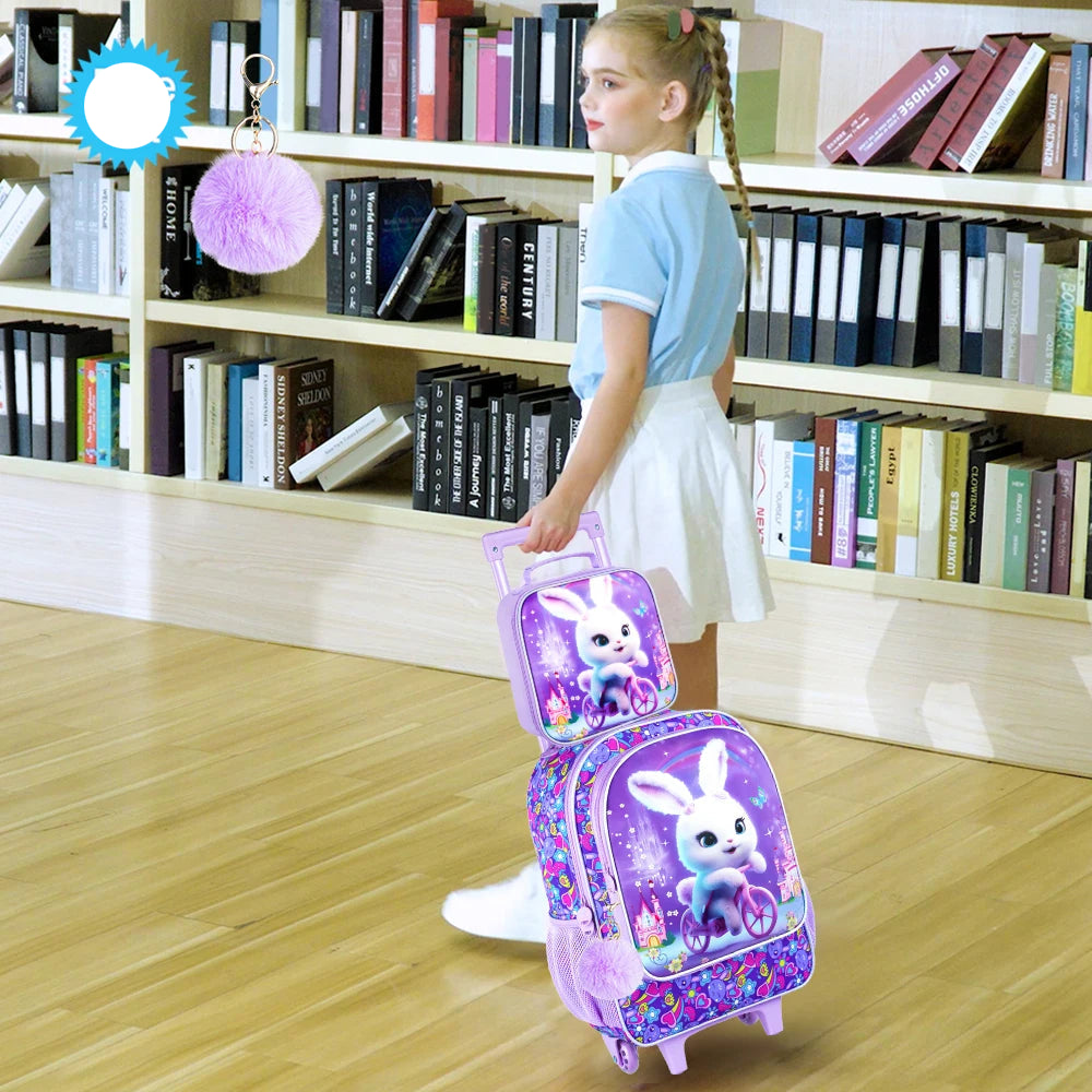 Sac à dos à roulettes pour filles, cartable à roulettes pour enfants, sac d'école primaire à roulettes avec sac à lunch, lapin, 3 pièces