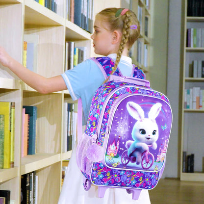 Sac à dos à roulettes pour filles, cartable à roulettes pour enfants, sac d'école primaire à roulettes avec sac à lunch, lapin, 3 pièces