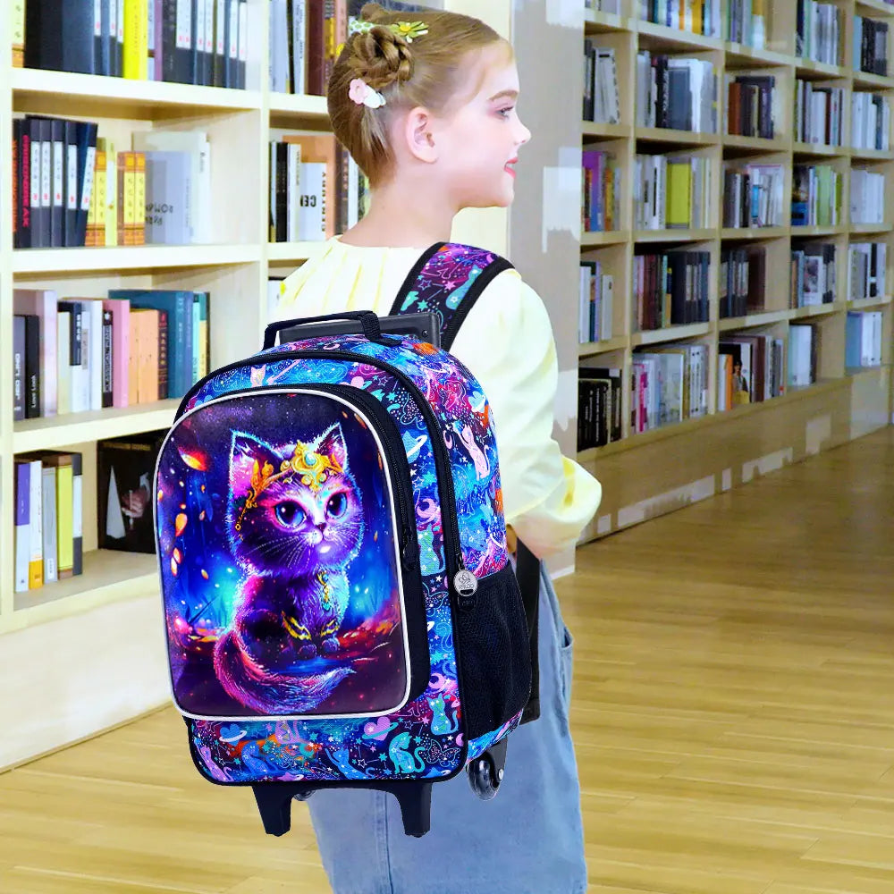Sac à dos à roulettes pour filles, cartable à roulettes pour enfants, sac d'école primaire à roulettes avec sac à lunch, chat en diamant, 3 pièces