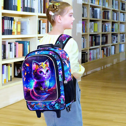 Sac à dos à roulettes pour filles, cartable à roulettes pour enfants, sac d'école primaire à roulettes avec sac à lunch, chat en diamant, 3 pièces