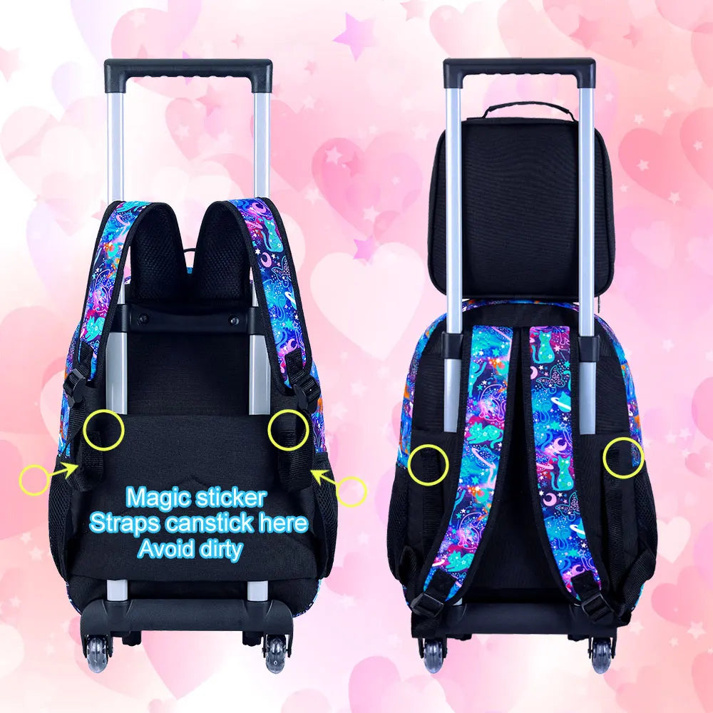 Sac à dos à roulettes pour filles, cartable à roulettes pour enfants, sac d'école primaire à roulettes avec sac à lunch, chat en diamant, 3 pièces