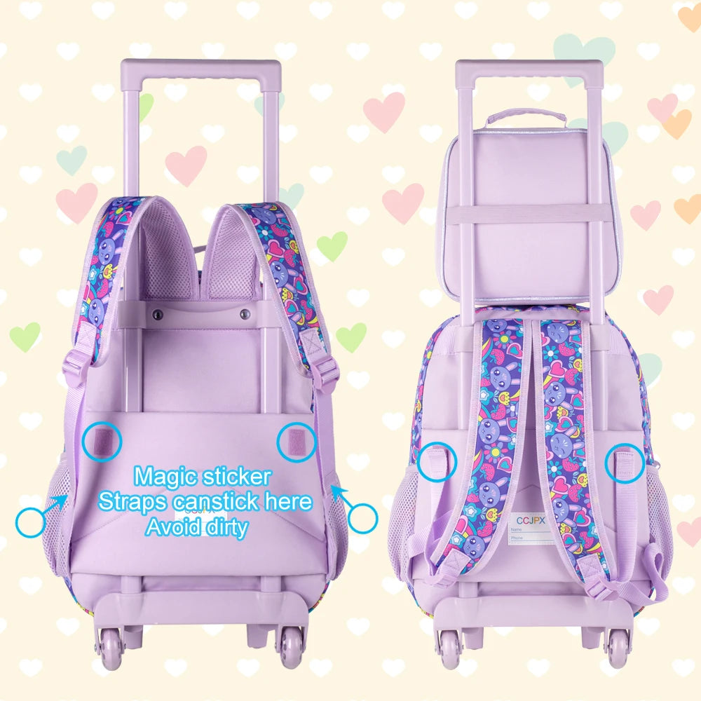 Sac à dos à roulettes pour filles, cartable à roulettes pour enfants, sac d'école primaire à roulettes avec sac à lunch, lapin, 3 pièces
