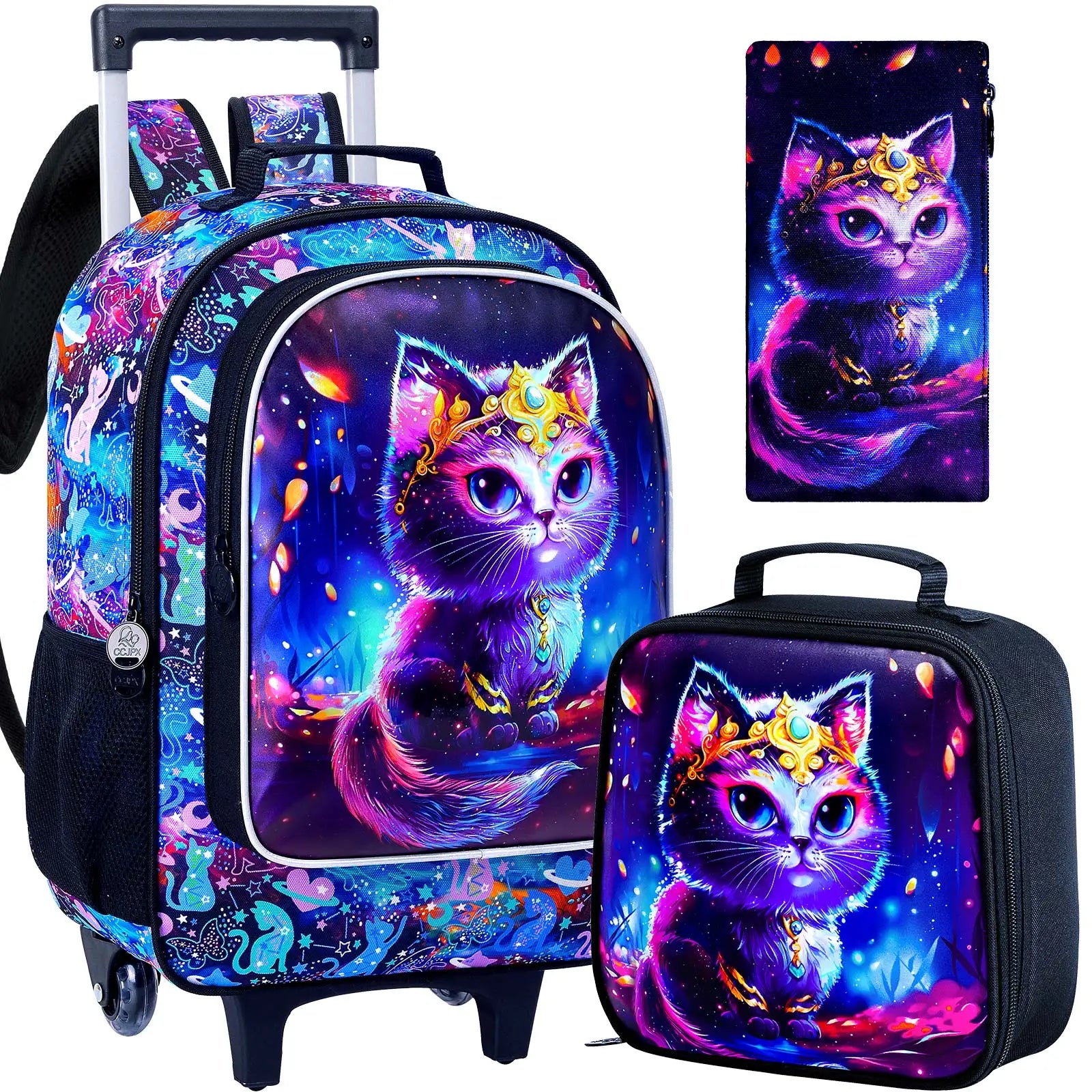 Sac à dos à roulettes pour filles, cartable à roulettes pour enfants, sac d'école primaire à roulettes avec sac à lunch, chat en diamant, 3 pièces