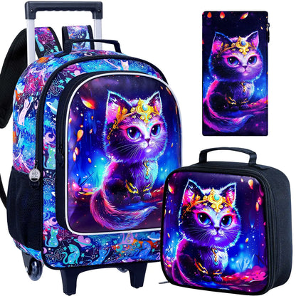 Sac à dos à roulettes pour filles, cartable à roulettes pour enfants, sac d'école primaire à roulettes avec sac à lunch, chat en diamant, 3 pièces