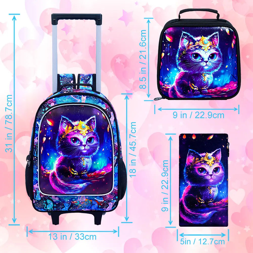 Sac à dos à roulettes pour filles, cartable à roulettes pour enfants, sac d'école primaire à roulettes avec sac à lunch, chat en diamant, 3 pièces, taille