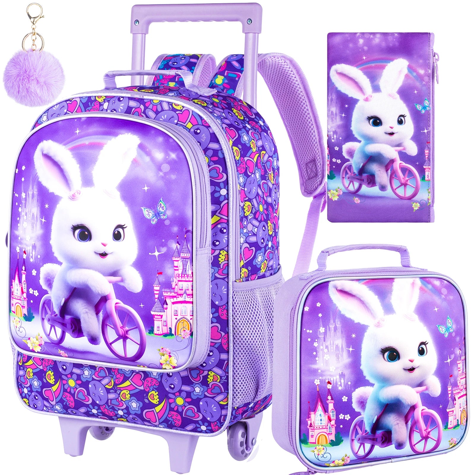 Sac à dos à roulettes pour filles, cartable à roulettes pour enfants, sac d'école primaire à roulettes avec sac à lunch, lapin, 3 pièces