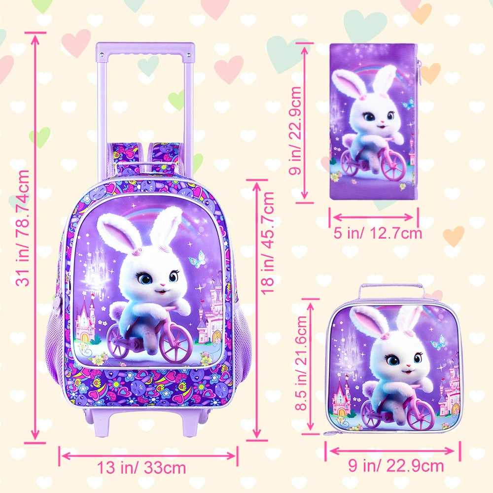 Sac à dos à roulettes pour filles, cartable à roulettes pour enfants, sac d'école primaire à roulettes avec sac à lunch, lapin, 3 pièces