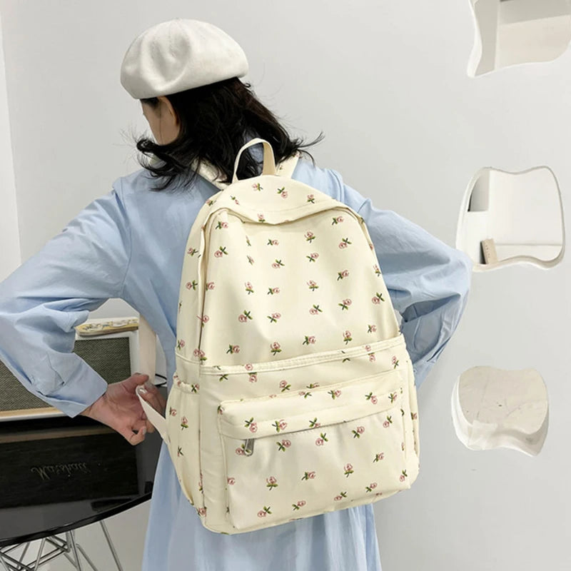 Sacs à dos en nylon à imprimé floral pour femmes, sacs à dos pour documents solides et doux, sac décontracté, grande capacité, sac initié étanche, assressentià tout, mode