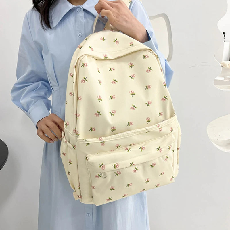Sacs à dos en nylon à imprimé floral pour femmes, sacs à dos pour documents solides et doux, sac décontracté, grande capacité, sac initié étanche, assressentià tout, mode