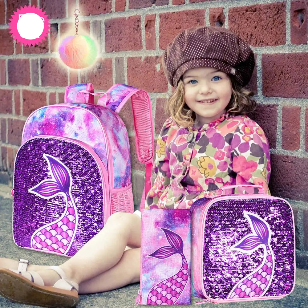 Sacs à dos d'école pour enfants, cartable et boîte à lunch, petit enfant, sirène, paillettes, filles, 16 po, 3 pièces