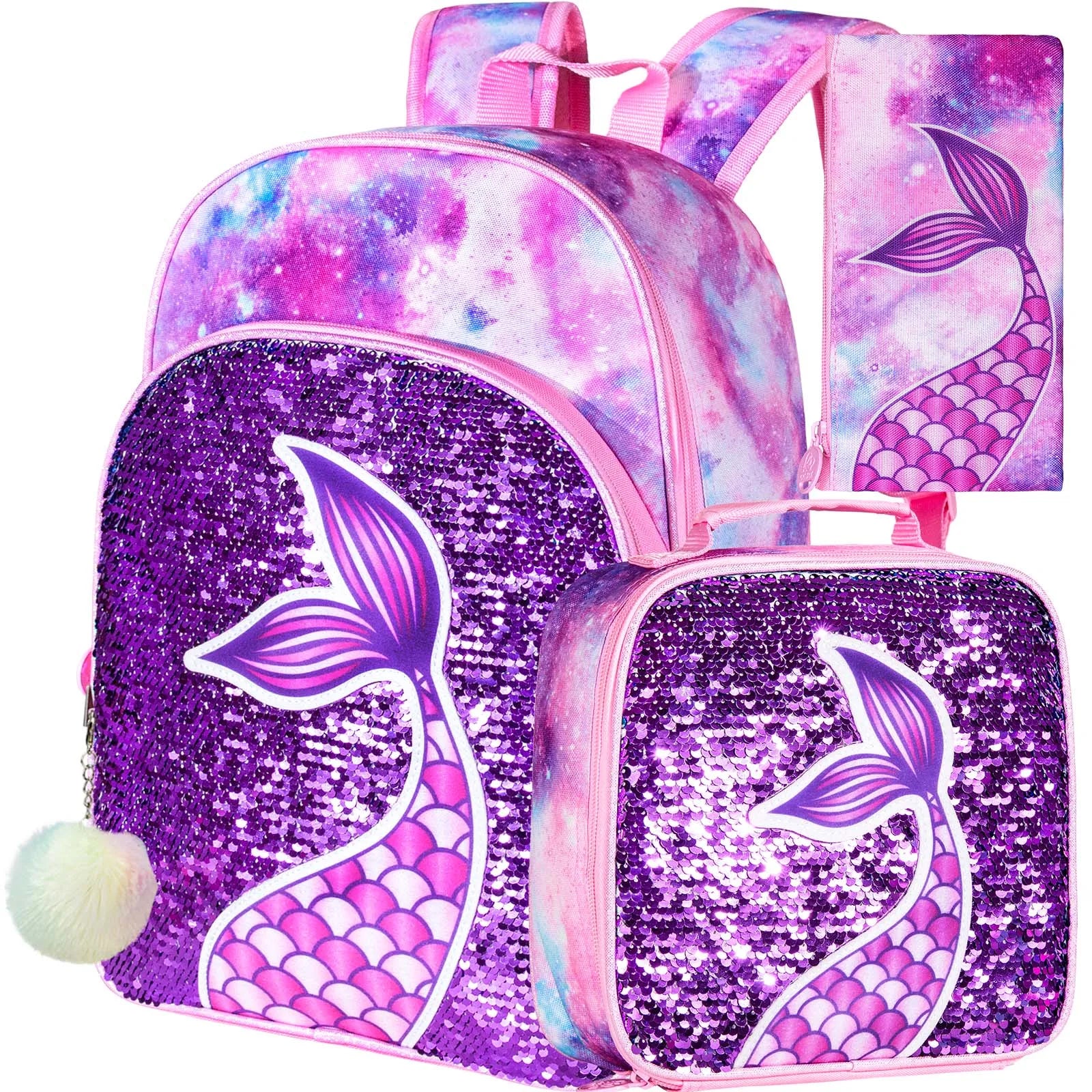 Sacs à dos d'école pour enfants, cartable et boîte à lunch, petit enfant, sirène, paillettes, filles, 16 po, 3 pièces
