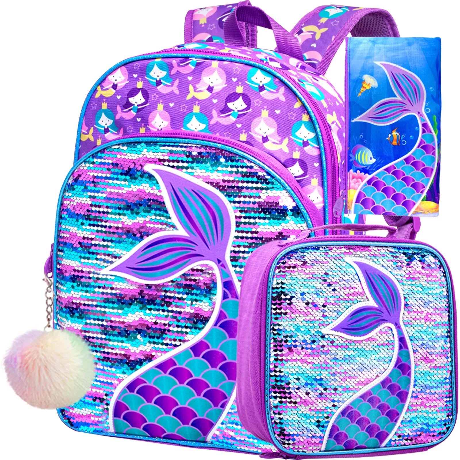 Sacs à dos d'école pour enfants, cartable et boîte à lunch, petit enfant, sirène, paillettes, filles, 16 po, 3 pièces