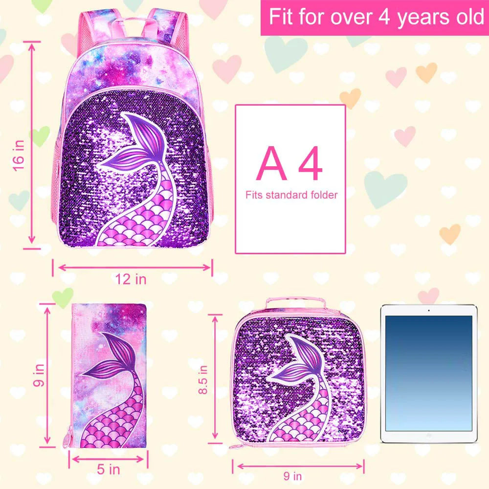 Sacs à dos d'école pour enfants, cartable et boîte à lunch, petit enfant, sirène, paillettes, filles, 16 po, 3 pièces