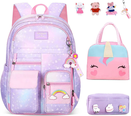 Sacs à dos d'école primaire pour filles, sac à dos 7 pièces de grande capacité pour enfants adolescents avec boîte à lunch et étui, étanche 