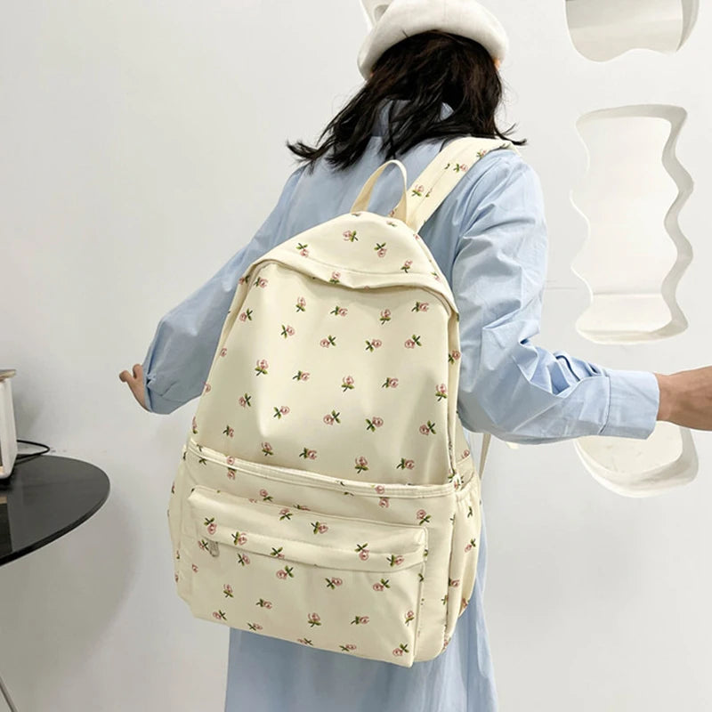 Sacs à dos en nylon à imprimé floral pour femmes, sacs à dos pour documents solides et doux, sac décontracté, grande capacité, sac initié étanche, assressentià tout, mode