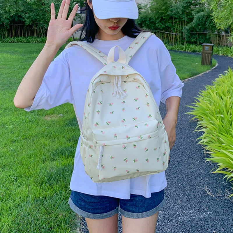 Sacs à dos en nylon à imprimé floral pour femmes, sacs à dos pour documents solides et doux, sac décontracté, grande capacité, sac initié étanche, assressentià tout, mode