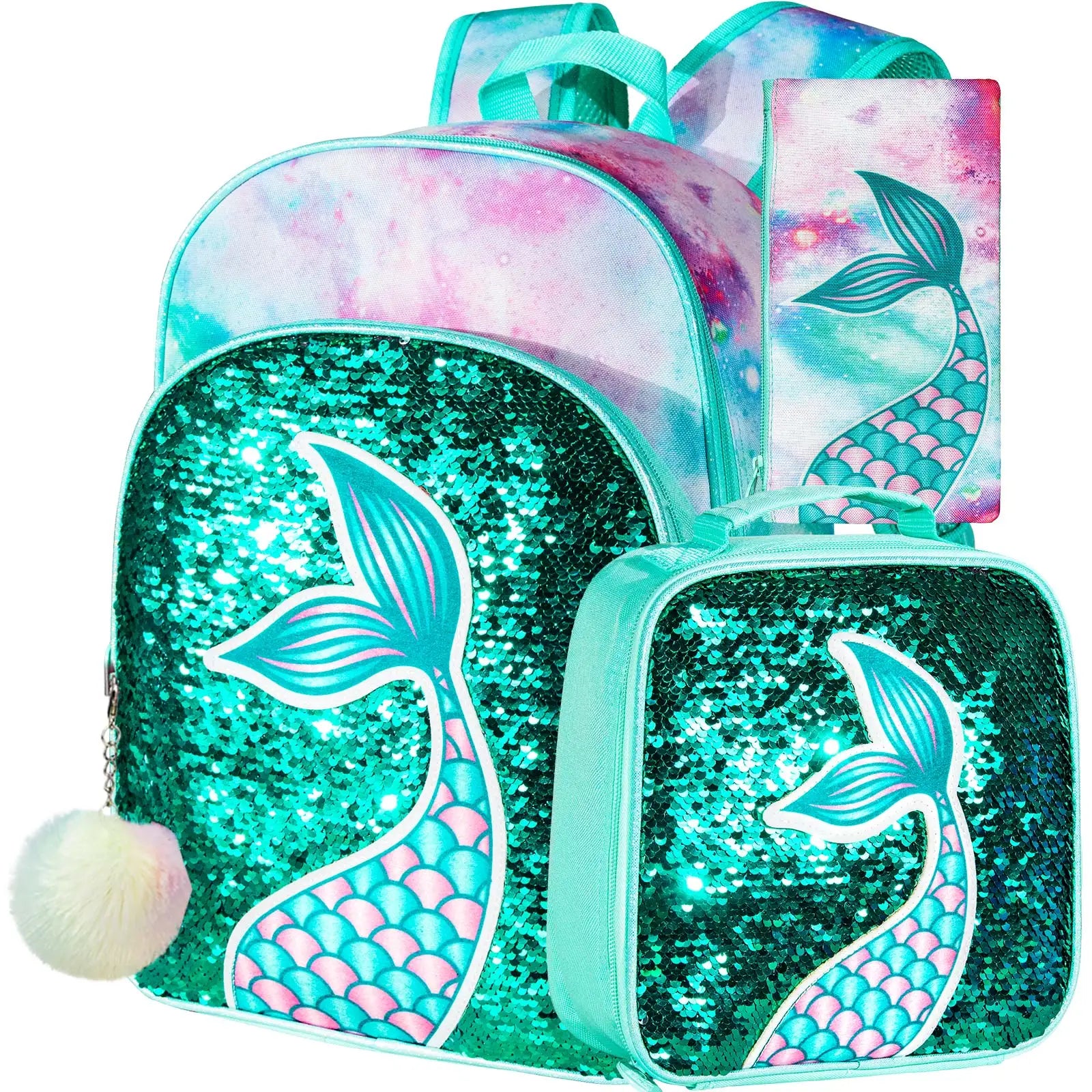 Sacs à dos d'école pour enfants, cartable et boîte à lunch, petit enfant, sirène, paillettes, filles, 16 po, 3 pièces