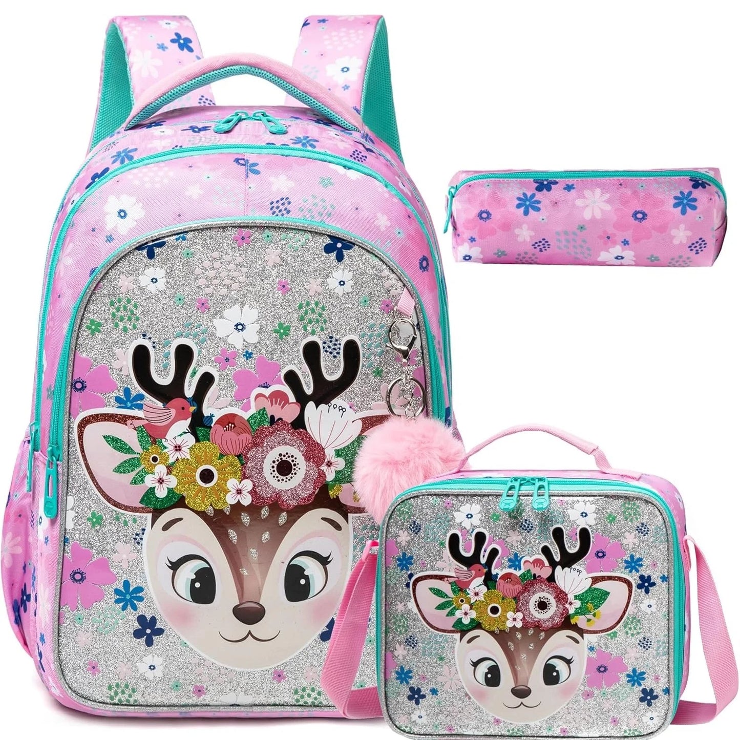 Ensemble de 3 sacs à dos d'école pour fille, sac à déjeuner, trousse