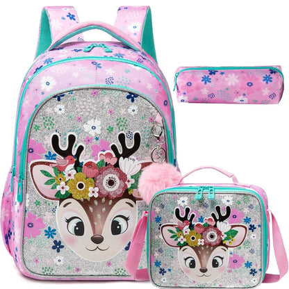 Ensemble de 3 sacs à dos d'école pour fille, sac à déjeuner, trousse