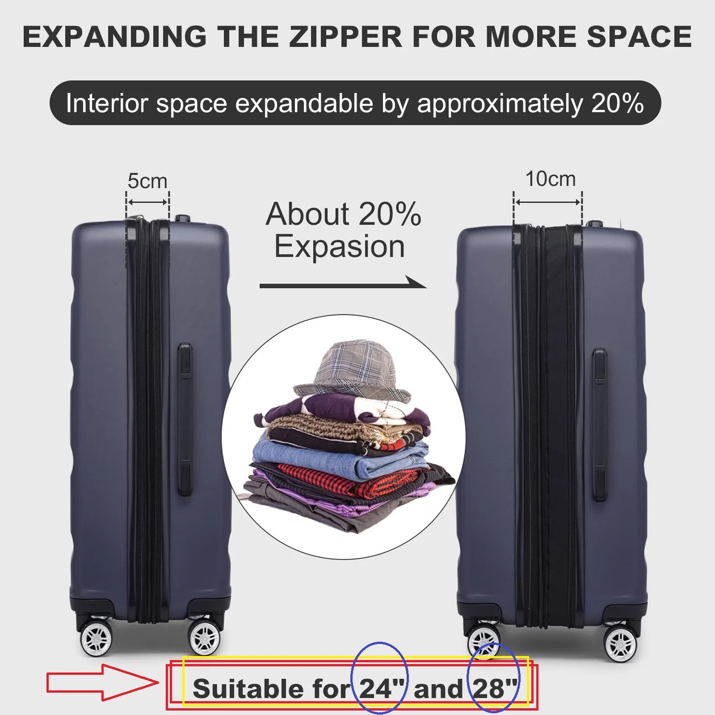 Valise rigide léger avec serrure TSA et 4 roues spinner, cabine (55/65/75 cm)