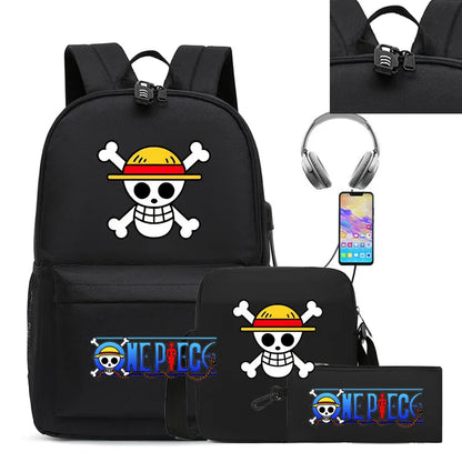 Cartable Luffy une pièce pour garçons et filles, sac à dos d'étudiant, sac d'école de dessin animé Anime, sac à dos aste, ensemble de 3 pièces