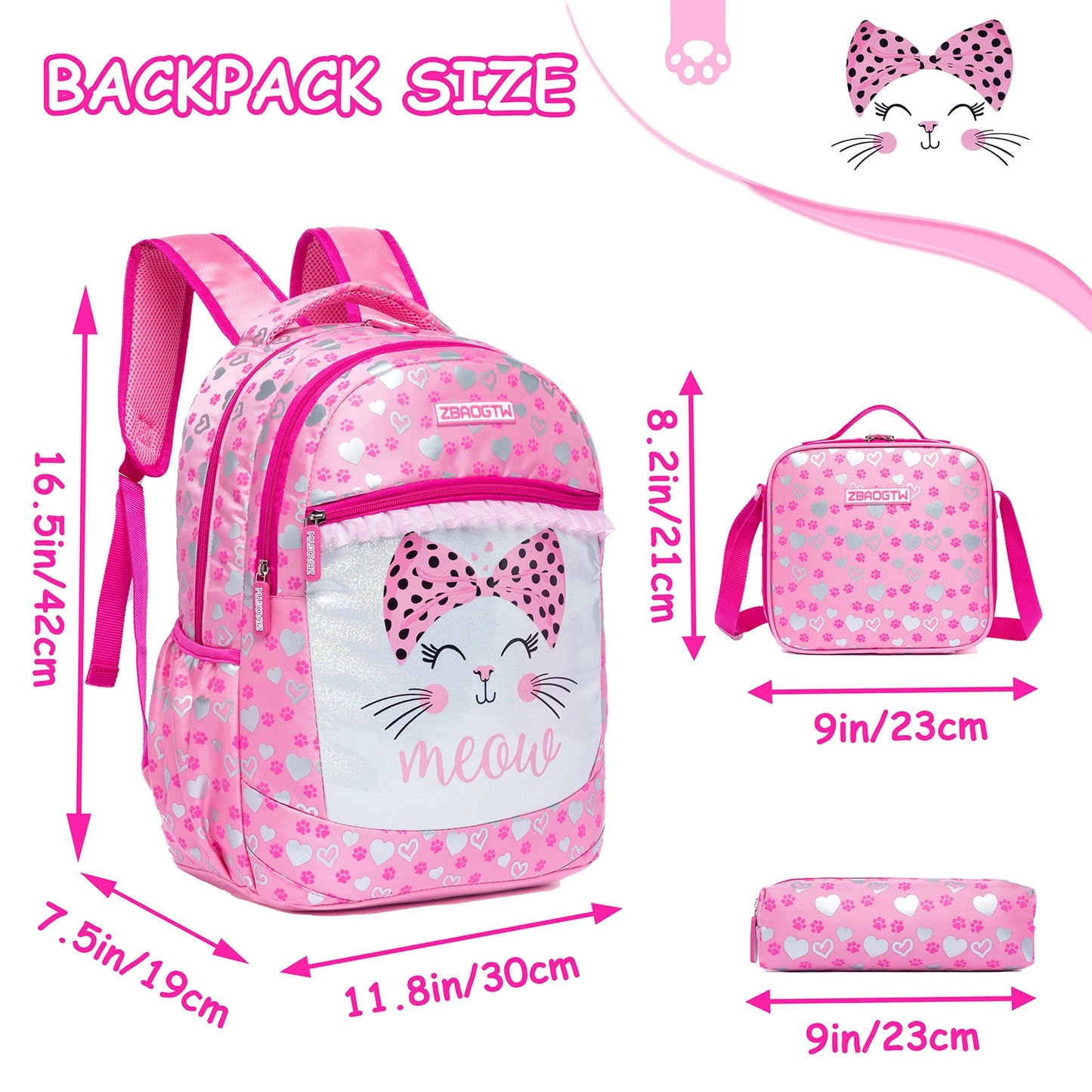 Cartable en cuir PU pour l'école primaire, sac à lunch et sac à stylo, 3 pièces