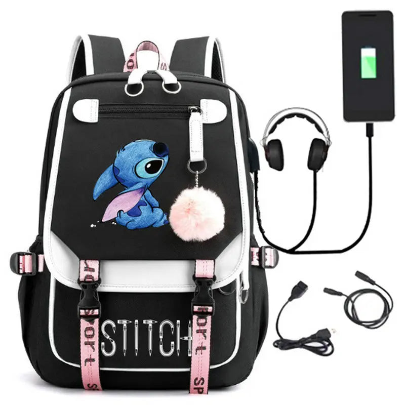 Disney-Sac à dos Stitch pour femme, chargement USB, sacs d'école, adolescentes, garçons, sac à dos pour ordinateur portable, sacs à dos de voyage pour femme