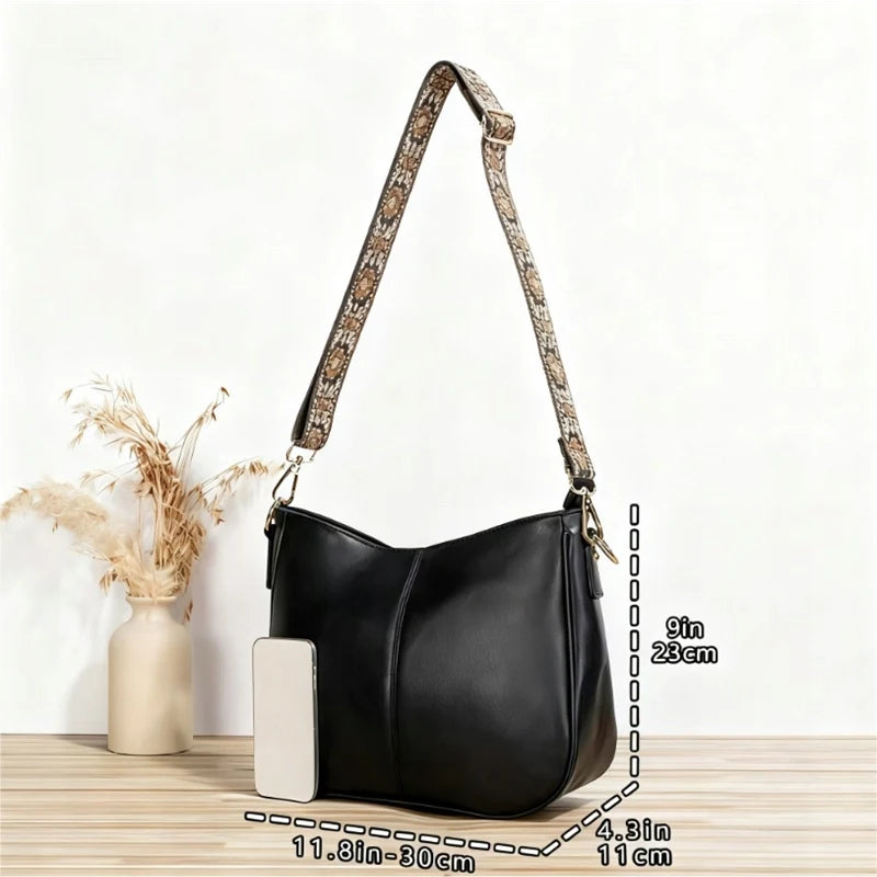 Sac à bandoulière vintage en cuir PU pour femme avec large sangle brodée