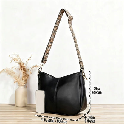 Sac à bandoulière vintage en cuir PU pour femme avec large sangle brodée