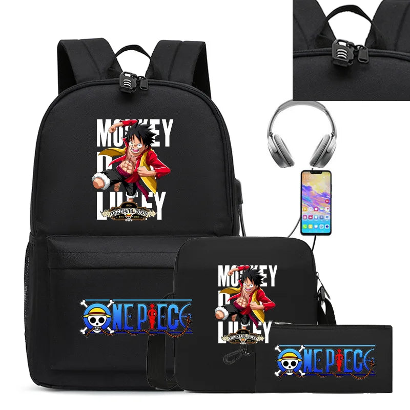 Cartable Luffy une pièce pour garçons et filles, sac à dos d'étudiant, sac d'école de dessin animé Anime, sac à dos aste, ensemble de 3 pièces