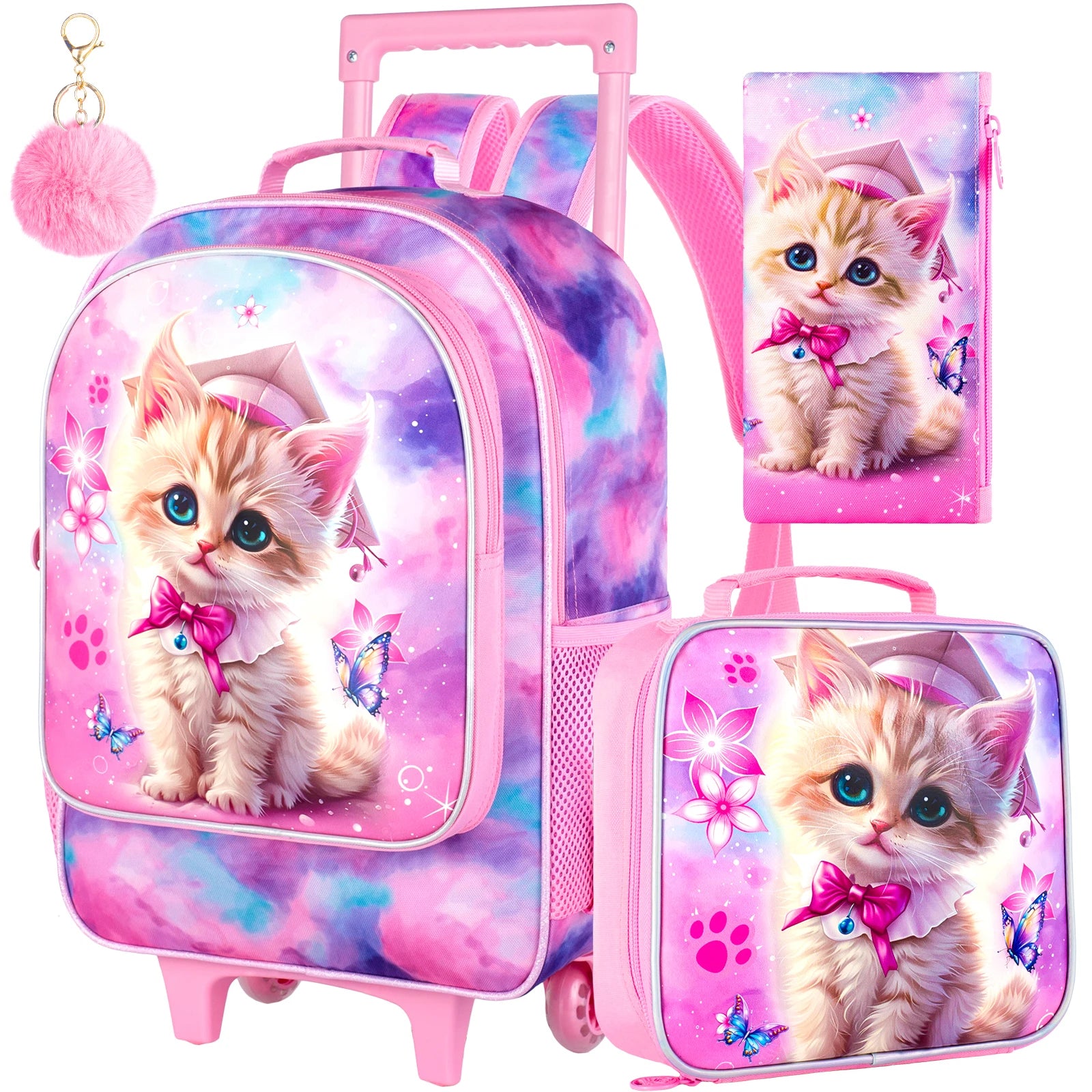 Sac à dos à roulettes pour filles, cartable à roulettes pour enfants, sac d'école primaire à roulettes avec sac à lunch, chat, 3 pièces