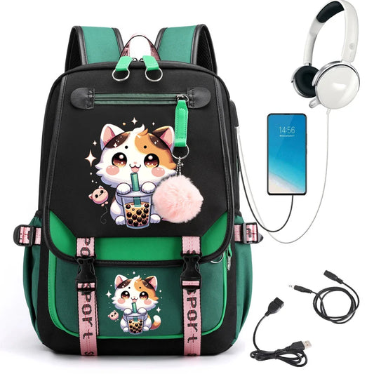 Sac à dos Boba Anime Cat pour étudiants du collège, sac à dos de voyage pour fille, sacs d'école pour ordinateur portable, sacs à livres USB, mode de loisirs