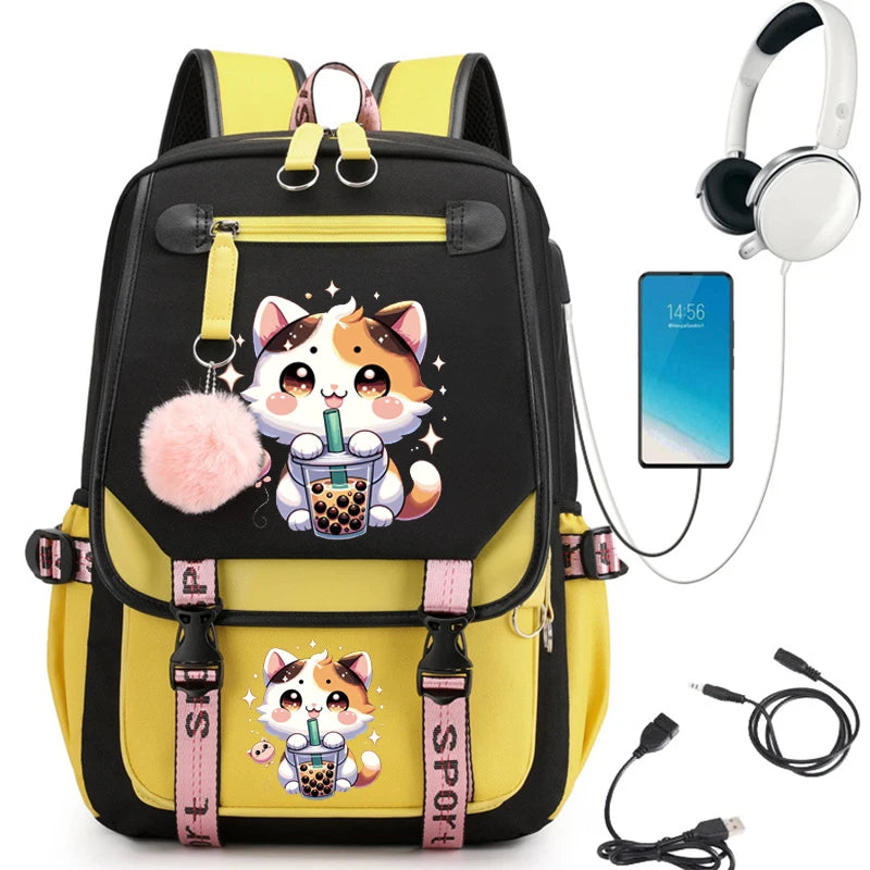 Sac à dos Boba Anime Cat pour étudiants du collège, sac à dos de voyage pour fille, sacs d'école pour ordinateur portable, sacs à livres USB, mode de loisirs